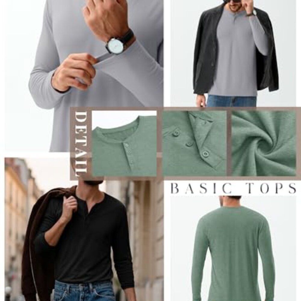 Men's Big Tall Henley T-Shirts Long Sleeve Cotton Blend Loose Fit Casual - Picture 5 of 8